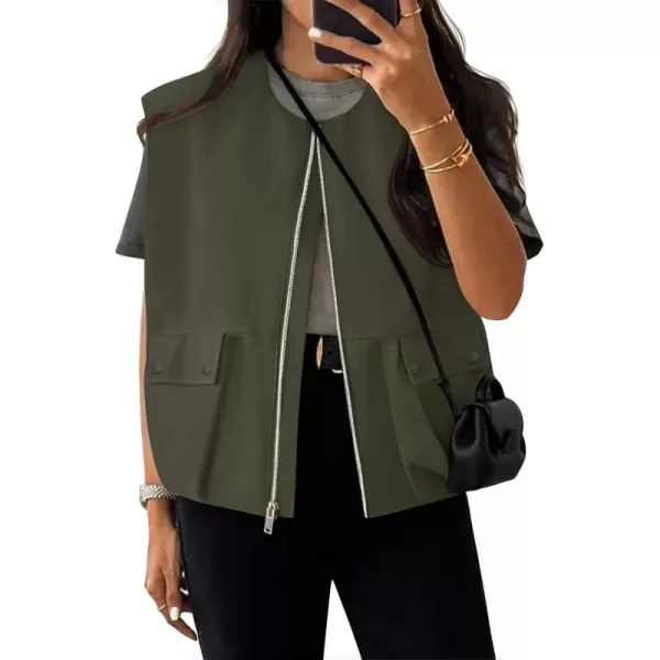imageZESICA Womens 2024 Oversized Zip Up Cargo Vest Causal Street Ruched Hem Sleeveless Jackets TopsArmygreen