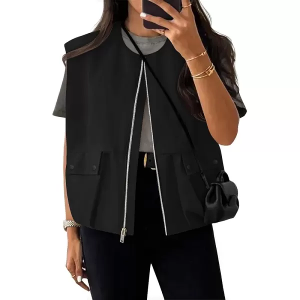imageZESICA Womens 2024 Oversized Zip Up Cargo Vest Causal Street Ruched Hem Sleeveless Jackets TopsBlack