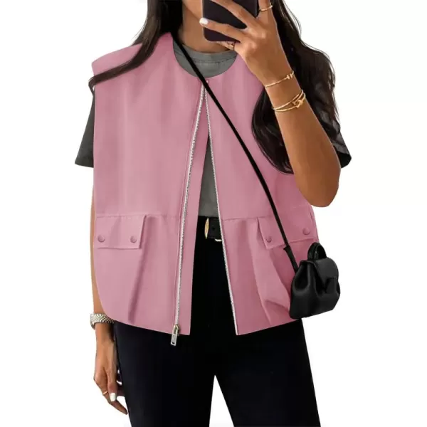 imageZESICA Womens 2024 Oversized Zip Up Cargo Vest Causal Street Ruched Hem Sleeveless Jackets TopsDustypink