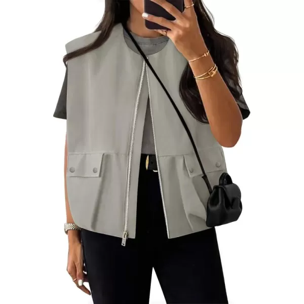 imageZESICA Womens 2024 Oversized Zip Up Cargo Vest Causal Street Ruched Hem Sleeveless Jackets TopsGrey