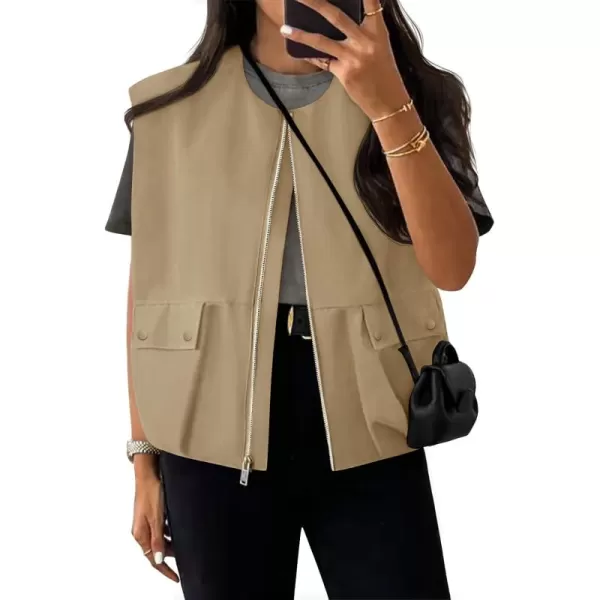 imageZESICA Womens 2024 Oversized Zip Up Cargo Vest Causal Street Ruched Hem Sleeveless Jackets TopsKhaki