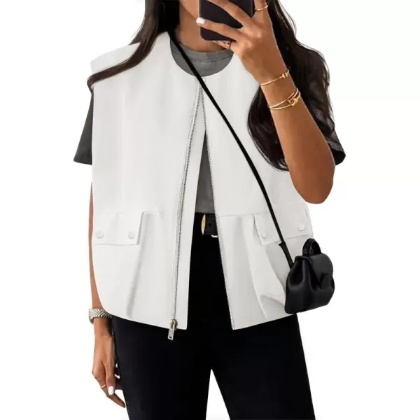 imageZESICA Womens 2024 Oversized Zip Up Cargo Vest Causal Street Ruched Hem Sleeveless Jackets TopsWhite