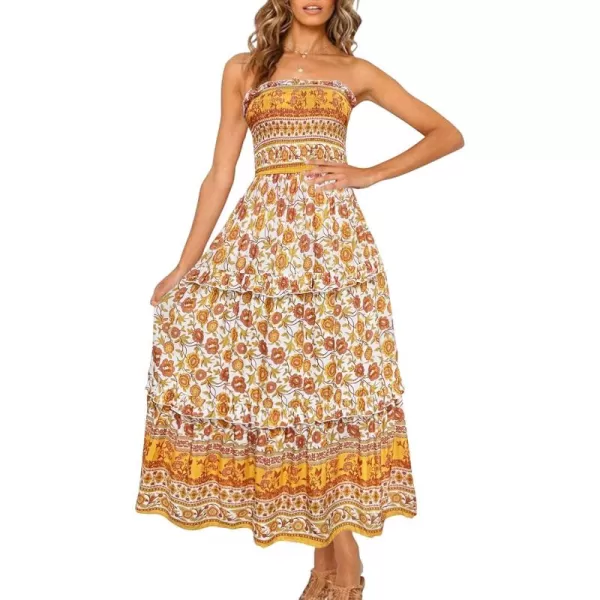 imageZESICA Womens 2024 Summer Bohemian Floral Printed Strapless Beach Party Long Maxi DressYellow
