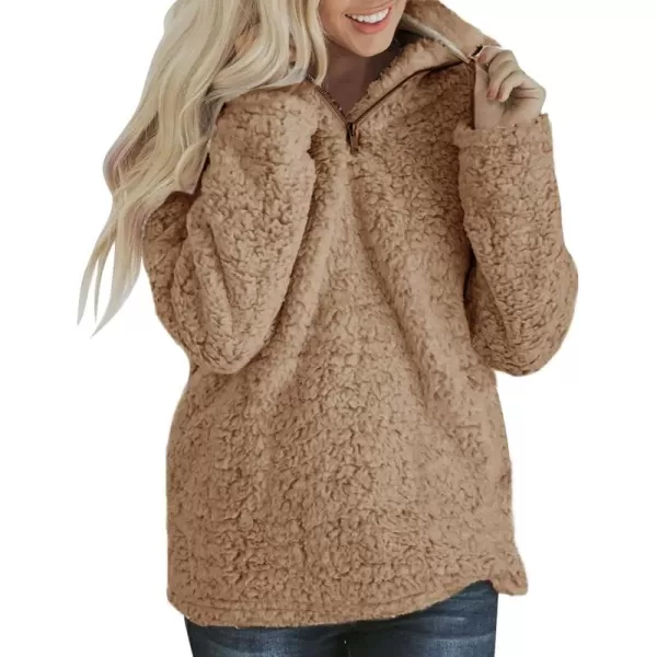 imageZESICA Womens Autumn Winter Long Sleeve Zipper Sherpa Fleece Sweatshirt Pullover Jacket CoatKhaki