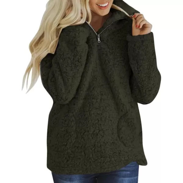 imageZESICA Womens Autumn Winter Long Sleeve Zipper Sherpa Fleece Sweatshirt Pullover Jacket CoatSolidarmygreen
