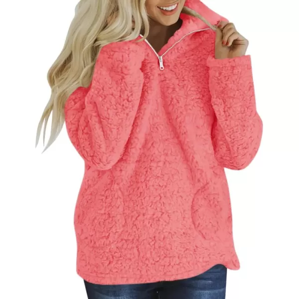 imageZESICA Womens Autumn Winter Long Sleeve Zipper Sherpa Fleece Sweatshirt Pullover Jacket CoatSolidrose