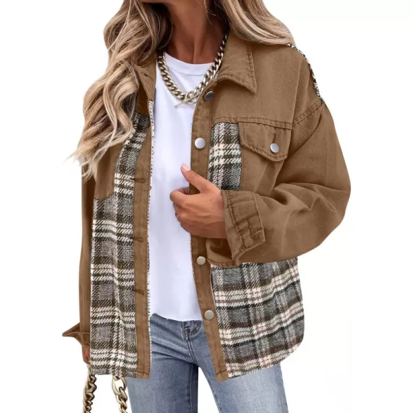 imageZESICA Womens Denim Jacket 2024 Fall Long Sleeve Plaid Button Down Lapel Collar Shacket with PocketCamel
