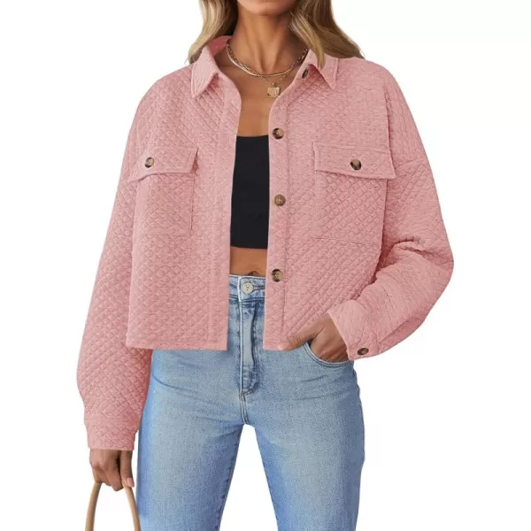 imageZESICA Womens Fall Casual Shacket Jackets 2024 Long Sleeve Button Down Lightweight Cropped Shirt Outerwear Coat with PocketsDarkpink