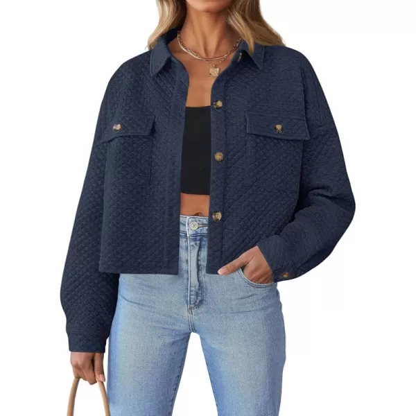 imageZESICA Womens Fall Casual Shacket Jackets 2024 Long Sleeve Button Down Lightweight Cropped Shirt Outerwear Coat with PocketsNavy