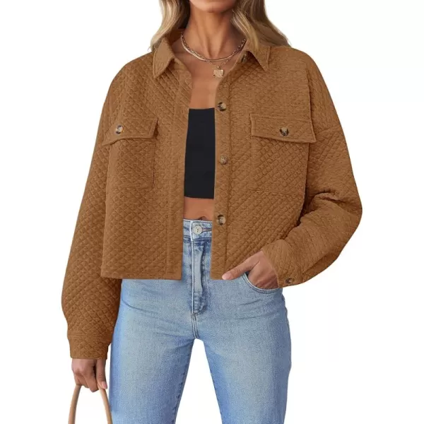 imageZESICA Womens Fall Casual Shacket Jackets 2024 Long Sleeve Button Down Lightweight Cropped Shirt Outerwear Coat with PocketsTan