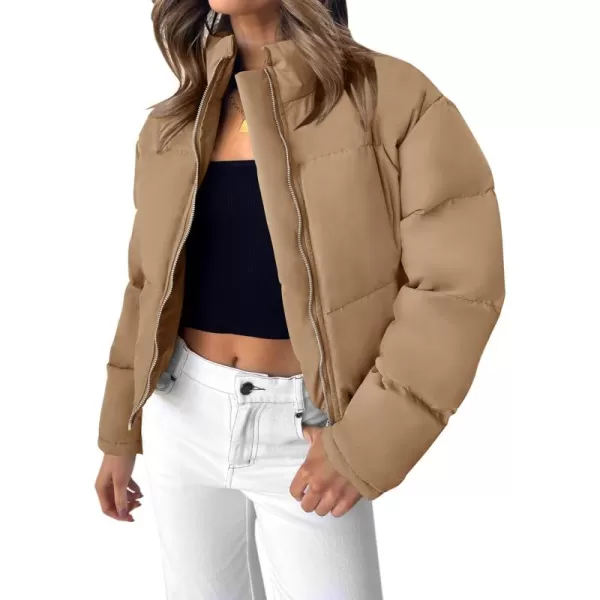 imageZESICA Womens Long Sleeve Cropped Puffer Jacket Winter Zipper Quilted Baggy Warm Short Down Coat Outwear with PocketsKhaki