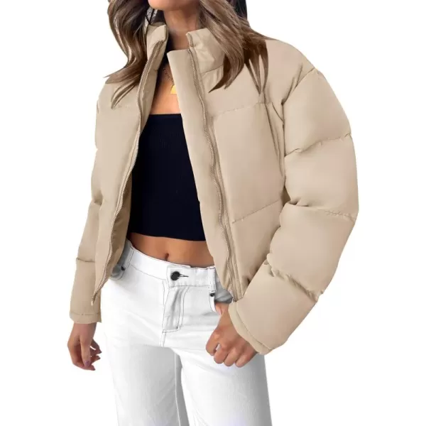 imageZESICA Womens Long Sleeve Cropped Puffer Jacket Winter Zipper Quilted Baggy Warm Short Down Coat Outwear with PocketsLightkhaki
