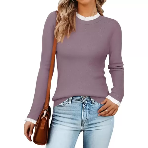 imageZESICA Womens Long Sleeve Ruffle Sweaters 2024 Fall Crewneck Color Block Slim Fit Basic Casual Knit Pullover Sweater TopsTaro