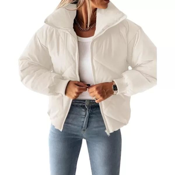 imageZESICA Womens Winter Cropped Puffer Jacket Long Sleeve Zip Up Quilted Short Down Coat with PocketsCream