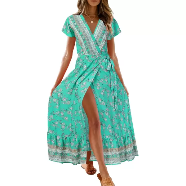 imageZESICA Womens 2024 Bohemian Floral Printed Wrap V Neck Short Sleeve Split Beach Party Maxi DressAqua