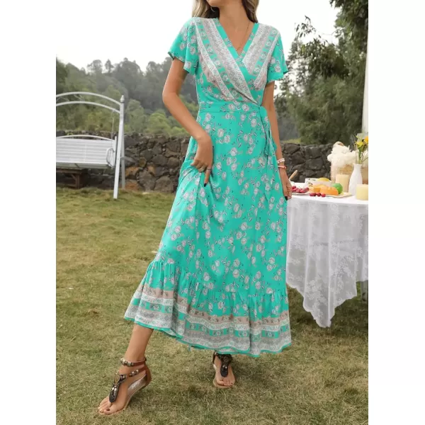 imageZESICA Womens 2024 Bohemian Floral Printed Wrap V Neck Short Sleeve Split Beach Party Maxi DressAqua