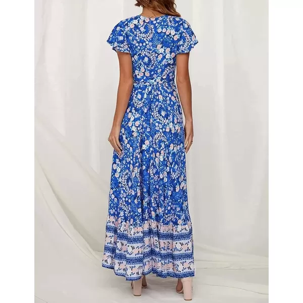 imageZESICA Womens 2024 Bohemian Floral Printed Wrap V Neck Short Sleeve Split Beach Party Maxi DressBlue