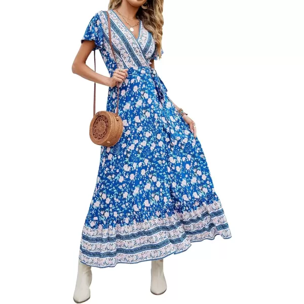 imageZESICA Womens 2024 Bohemian Floral Printed Wrap V Neck Short Sleeve Split Beach Party Maxi DressBlue