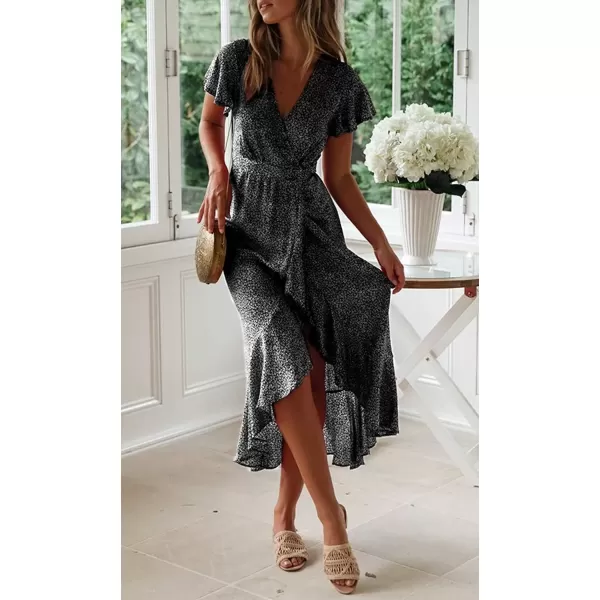 imageZESICA Womens 2024 Bohemian Floral Printed Wrap V Neck Short Sleeve Split Beach Party Maxi DressCharcoal Blackfloral