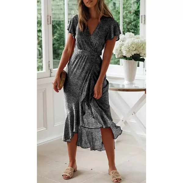imageZESICA Womens 2024 Bohemian Floral Printed Wrap V Neck Short Sleeve Split Beach Party Maxi DressCharcoal Blackfloral