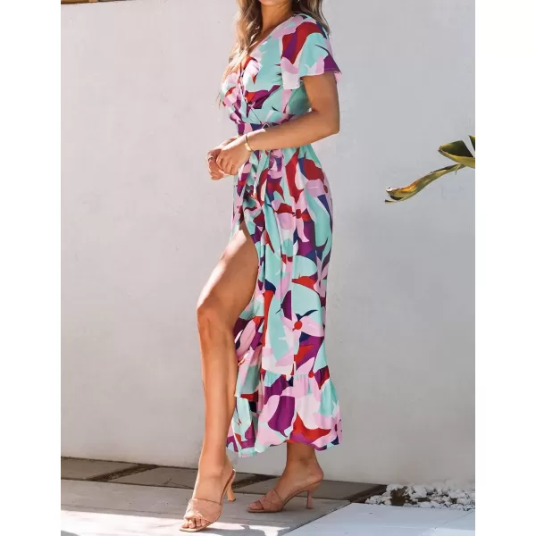 imageZESICA Womens 2024 Bohemian Floral Printed Wrap V Neck Short Sleeve Split Beach Party Maxi DressContrastpurple