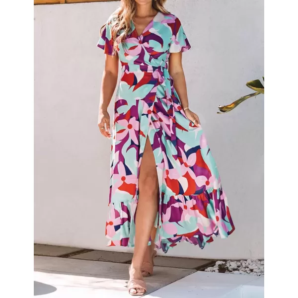 imageZESICA Womens 2024 Bohemian Floral Printed Wrap V Neck Short Sleeve Split Beach Party Maxi DressContrastpurple