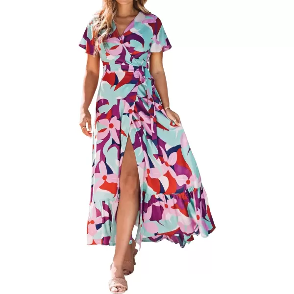 imageZESICA Womens 2024 Bohemian Floral Printed Wrap V Neck Short Sleeve Split Beach Party Maxi DressContrastpurple
