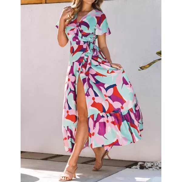 imageZESICA Womens 2024 Bohemian Floral Printed Wrap V Neck Short Sleeve Split Beach Party Maxi DressContrastpurple