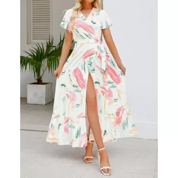 imageZESICA Womens 2024 Bohemian Floral Printed Wrap V Neck Short Sleeve Split Beach Party Maxi DressContrastwhite