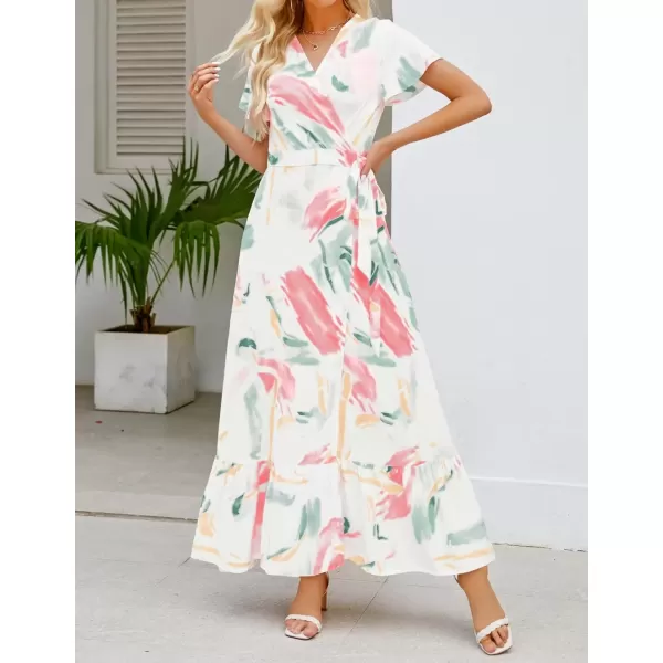 imageZESICA Womens 2024 Bohemian Floral Printed Wrap V Neck Short Sleeve Split Beach Party Maxi DressContrastwhite