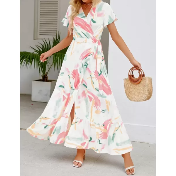 imageZESICA Womens 2024 Bohemian Floral Printed Wrap V Neck Short Sleeve Split Beach Party Maxi DressContrastwhite