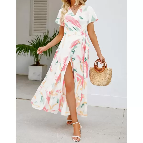 imageZESICA Womens 2024 Bohemian Floral Printed Wrap V Neck Short Sleeve Split Beach Party Maxi DressContrastwhite