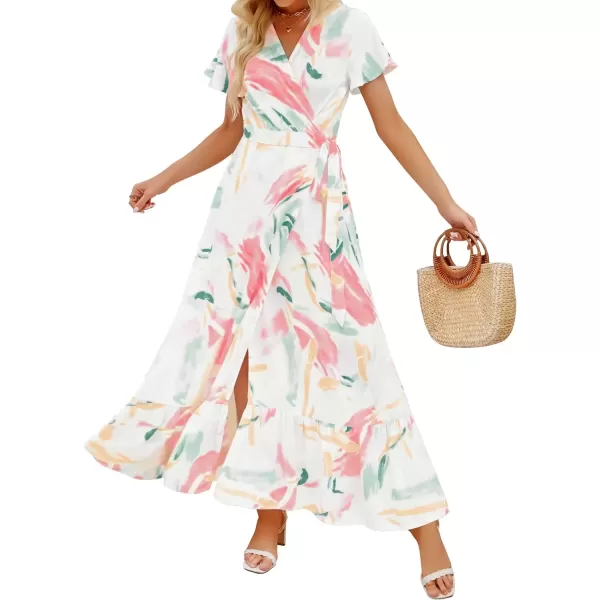 imageZESICA Womens 2024 Bohemian Floral Printed Wrap V Neck Short Sleeve Split Beach Party Maxi DressContrastwhite