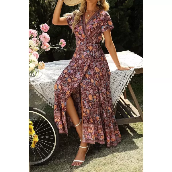 imageZESICA Womens 2024 Bohemian Floral Printed Wrap V Neck Short Sleeve Split Beach Party Maxi DressDark Purple