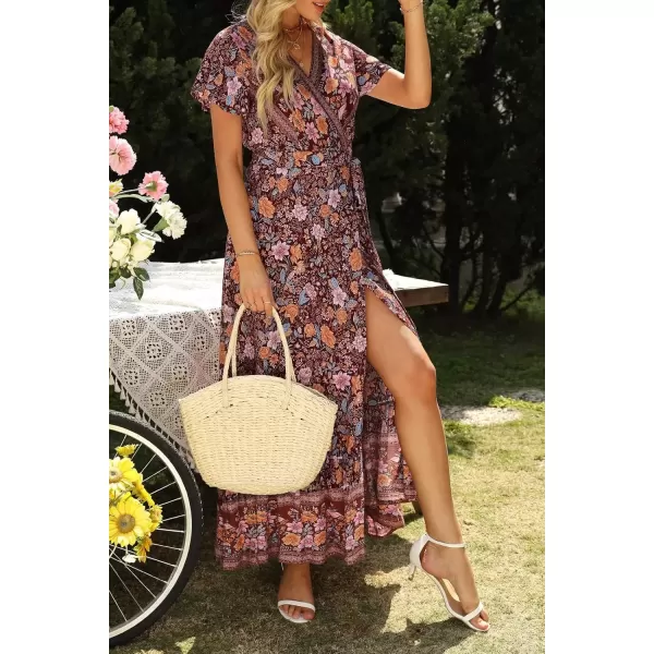 imageZESICA Womens 2024 Bohemian Floral Printed Wrap V Neck Short Sleeve Split Beach Party Maxi DressDark Purple