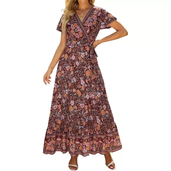 imageZESICA Womens 2024 Bohemian Floral Printed Wrap V Neck Short Sleeve Split Beach Party Maxi DressDark Purple