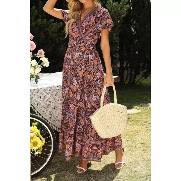 imageZESICA Womens 2024 Bohemian Floral Printed Wrap V Neck Short Sleeve Split Beach Party Maxi DressDark Purple