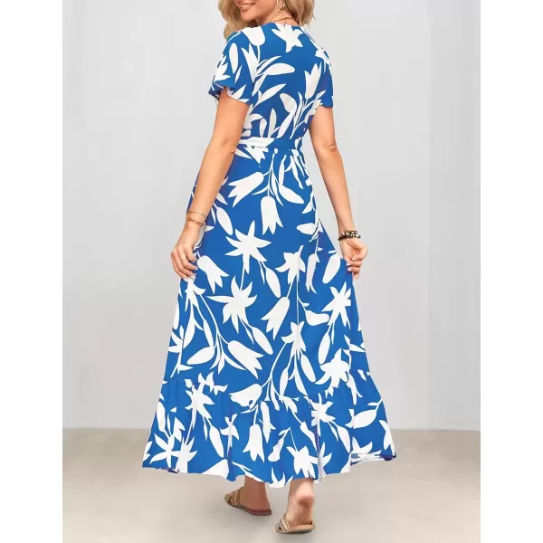 imageZESICA Womens 2024 Bohemian Floral Printed Wrap V Neck Short Sleeve Split Beach Party Maxi DressDustyblue