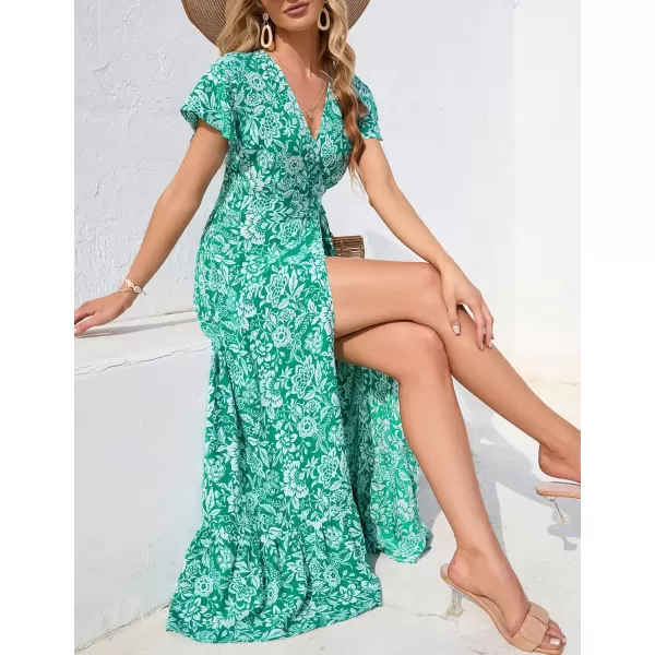 imageZESICA Womens 2024 Bohemian Floral Printed Wrap V Neck Short Sleeve Split Beach Party Maxi DressDustygreen