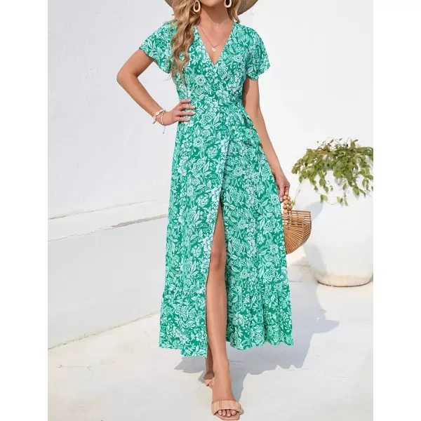 imageZESICA Womens 2024 Bohemian Floral Printed Wrap V Neck Short Sleeve Split Beach Party Maxi DressDustygreen