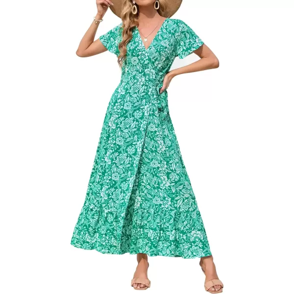 imageZESICA Womens 2024 Bohemian Floral Printed Wrap V Neck Short Sleeve Split Beach Party Maxi DressDustygreen