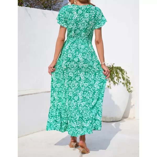 imageZESICA Womens 2024 Bohemian Floral Printed Wrap V Neck Short Sleeve Split Beach Party Maxi DressDustygreen
