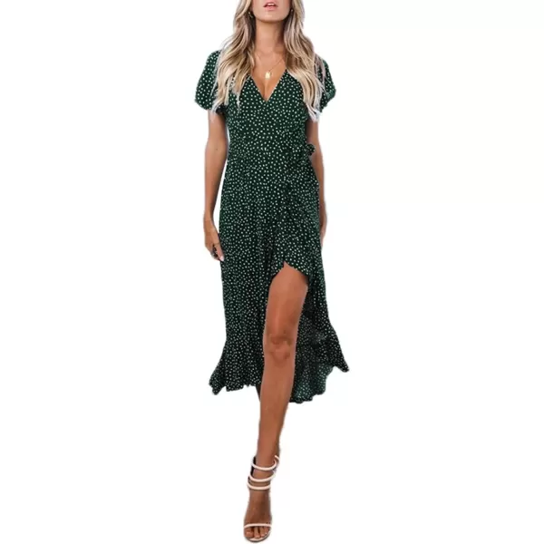 imageZESICA Womens 2024 Bohemian Floral Printed Wrap V Neck Short Sleeve Split Beach Party Maxi DressForest Greenfloral