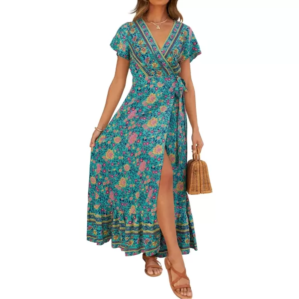 imageZESICA Womens 2024 Bohemian Floral Printed Wrap V Neck Short Sleeve Split Beach Party Maxi DressGreen