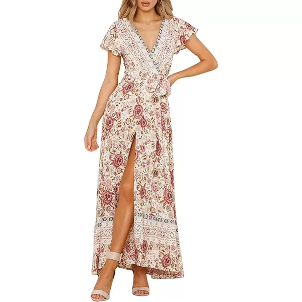 imageZESICA Womens 2024 Bohemian Floral Printed Wrap V Neck Short Sleeve Split Beach Party Maxi DressIvory