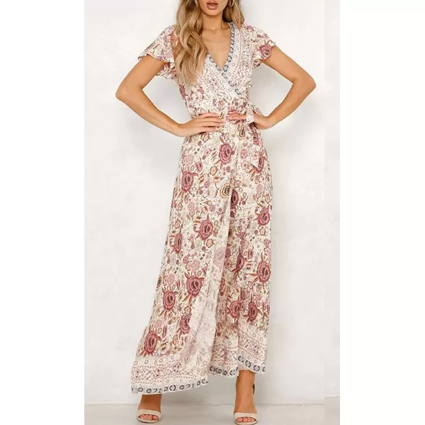 imageZESICA Womens 2024 Bohemian Floral Printed Wrap V Neck Short Sleeve Split Beach Party Maxi DressIvory