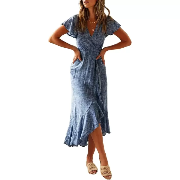 imageZESICA Womens 2024 Bohemian Floral Printed Wrap V Neck Short Sleeve Split Beach Party Maxi DressLight Blue
