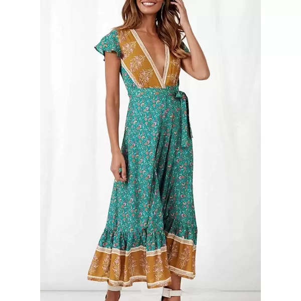 imageZESICA Womens 2024 Bohemian Floral Printed Wrap V Neck Short Sleeve Split Beach Party Maxi DressLight Green