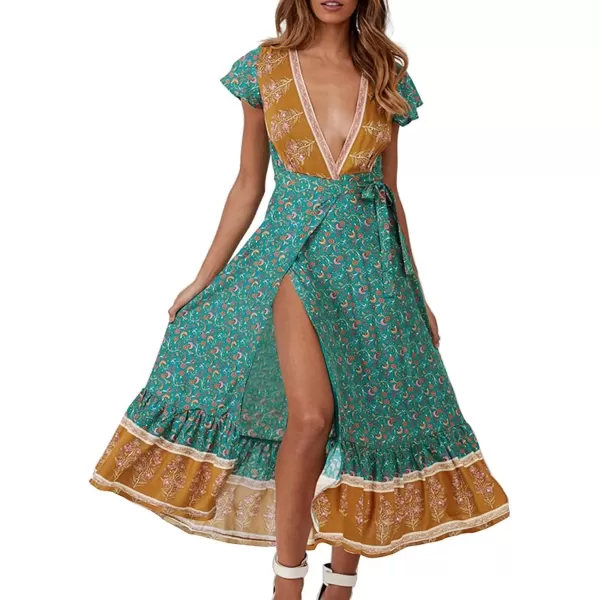 imageZESICA Womens 2024 Bohemian Floral Printed Wrap V Neck Short Sleeve Split Beach Party Maxi DressLight Green