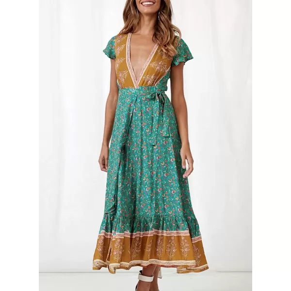 imageZESICA Womens 2024 Bohemian Floral Printed Wrap V Neck Short Sleeve Split Beach Party Maxi DressLight Green
